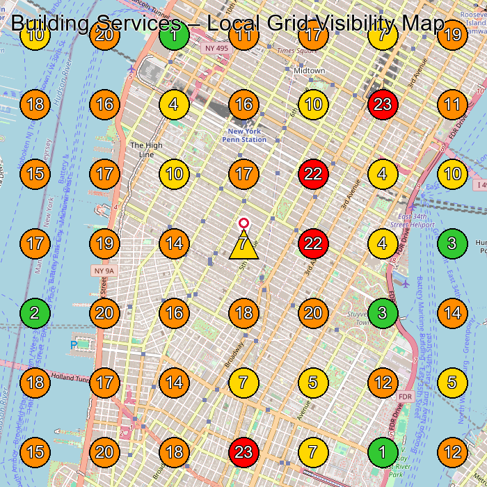 Building Services Janitorial Service GeoGrid ranking map for New York NY